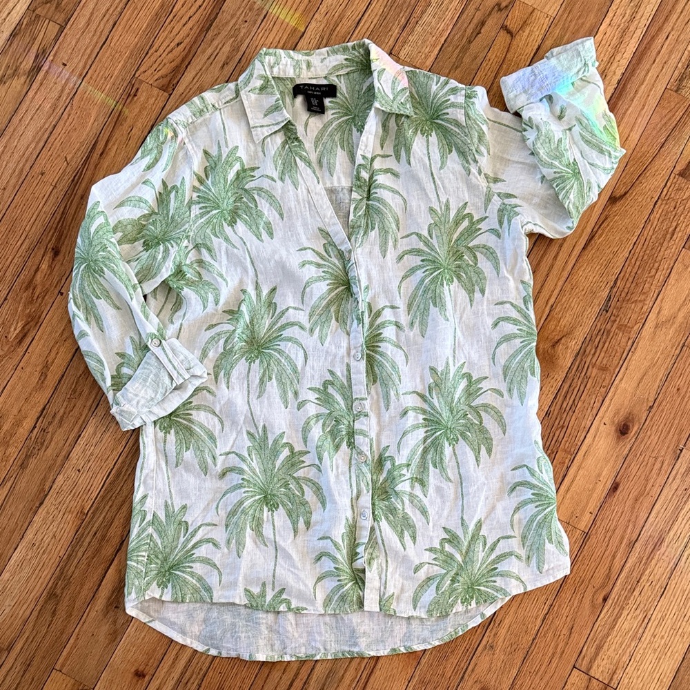 Tahari Linen Shirt with Green Palm Print